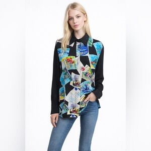 Diane Gilman Paris Themed Blouse 100% Silk Size Small Long Sleeve Sequins